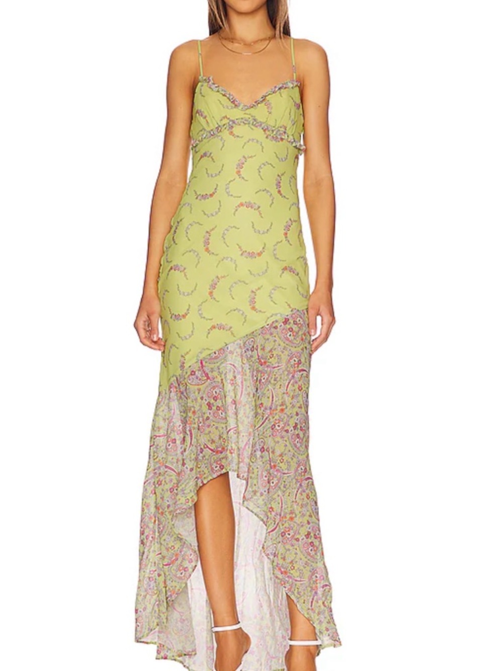 MAJORELLE Lime Green Paisley High-Low Slip Dress